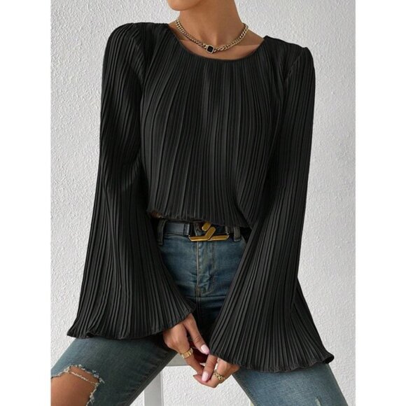 Solid Flounce Sleeve Plisse Blouse bell sleeve black - Picture 1 of 6